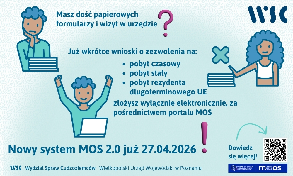 Od 27 kwietnia 2026 r. złożenie wniosków o udzielenie zezwolenia na pobyt czasowy, pobyt stały i pobyt rezydenta długoterminowego UE możliwe będzie wyłącznie elektronicznie, za pośrednictwem portalu MOS. 