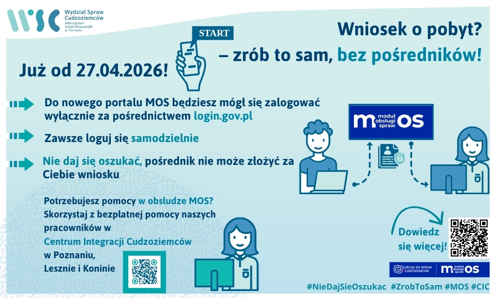 Od 27 kwietnia 2026 r. złożenie wniosków o udzielenie zezwolenia na pobyt czasowy, pobyt stały i pobyt rezydenta długoterminowego UE możliwe będzie wyłącznie elektronicznie, za pośrednictwem portalu MOS. 