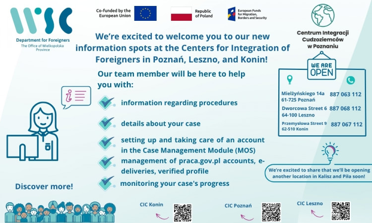 The Department for Foreigners of The Office of Wielkopolska Province is opening information points at the Foreigners Integration Centres (CIC) in Poznań, Leszno, and Konin.