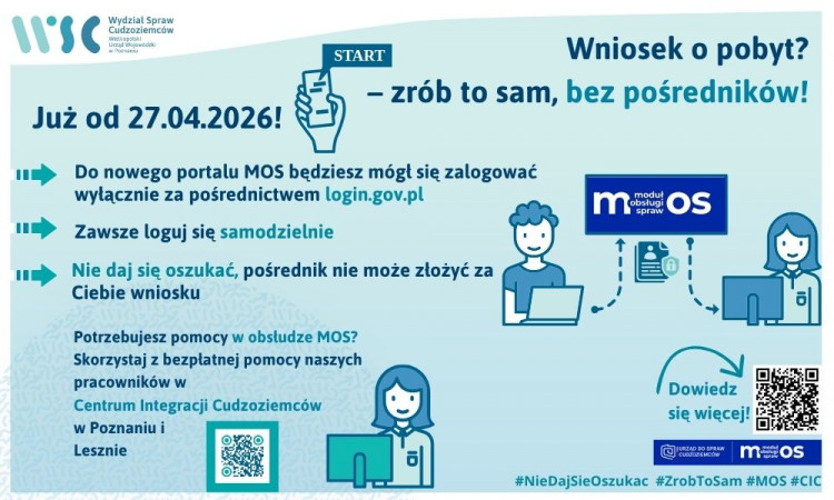 Od 27 kwietnia 2026 r. złożenie wniosków o udzielenie zezwolenia na pobyt czasowy, pobyt stały i pobyt rezydenta długoterminowego UE możliwe będzie wyłącznie elektronicznie, za pośrednictwem portalu MOS. 